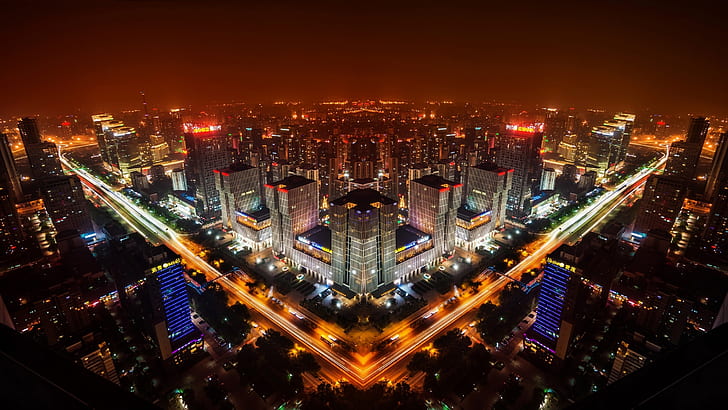 Beijing, China, night city skyline, buildings, lights, HD wallpaper