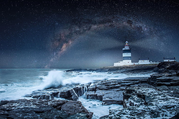 white and blue lighthouse, the sky, stars, storm, the ocean, shore