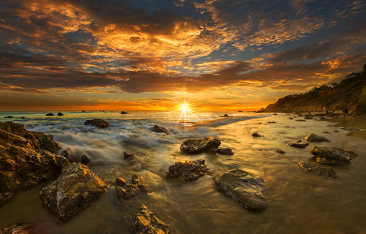 beach, sunset, CA, USA, Malibu, sky, beauty in nature, scenics - nature, HD wallpaper