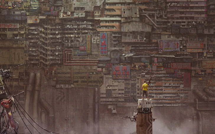 yellow top, apocalyptic, Kuldar Leement, cityscape, artwork, architecture, HD wallpaper