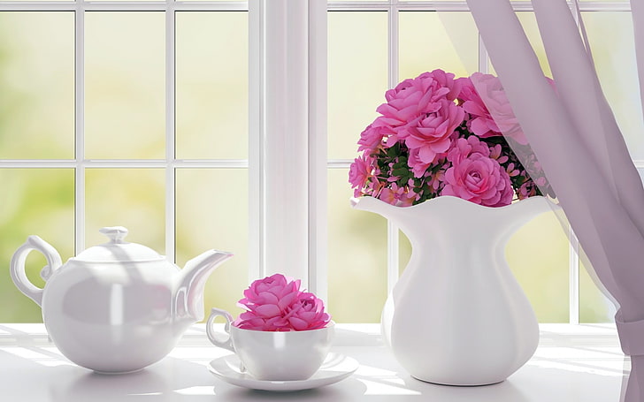 ♥, window, flower, vase, cup, white, tea pot, pink, flowering plant, HD wallpaper