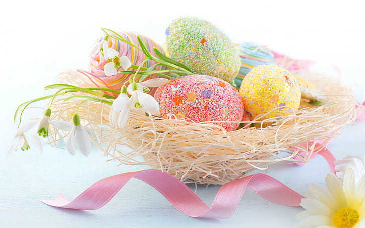 Holidays, Easter, Eggs, white petaled flower and faberge eggs, HD wallpaper