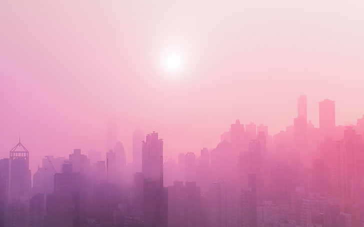 Pink smog urban skyscrapers sunset, city, architecture, landscape, HD wallpaper