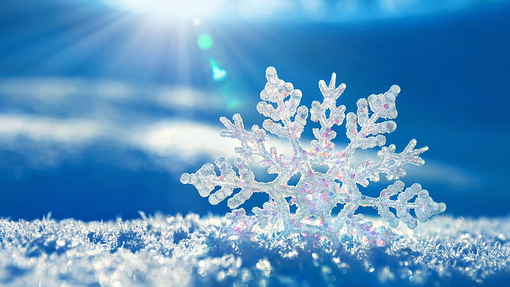 snow, snowflake, lens flare, Ice crystals, sun rays, nature, HD wallpaper