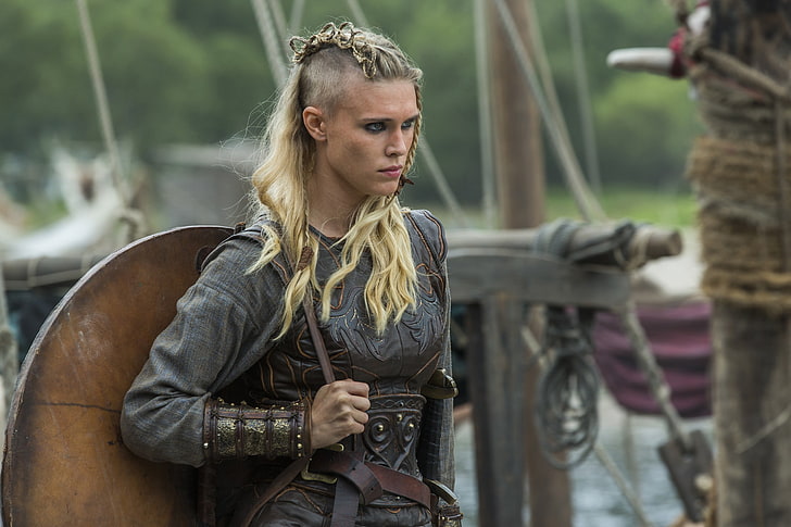 women's black leather suit and shield, Vikings (TV series), Gaia Weiss, HD wallpaper