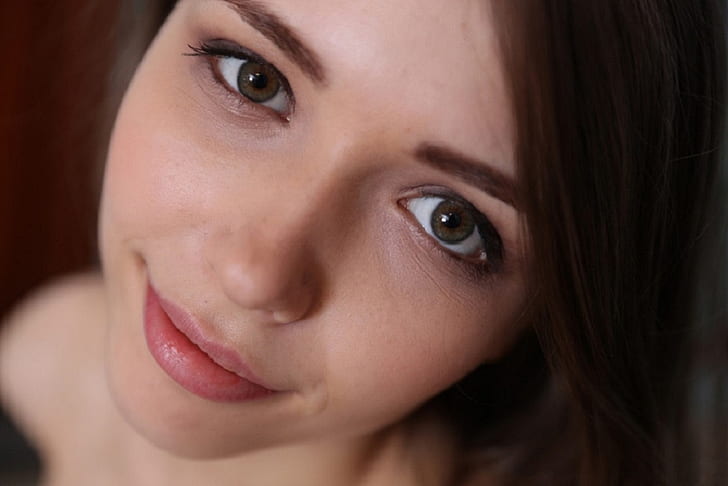 teens, brunette, brown eyes, closeup, Mila Azul, HD wallpaper