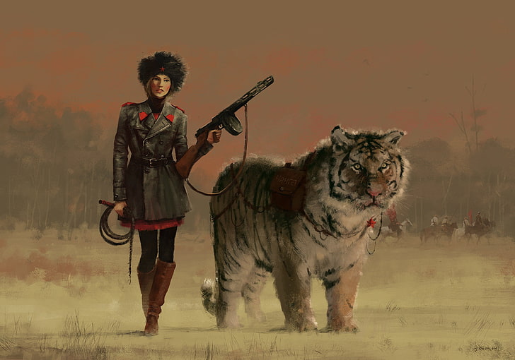 woman holding rifle standing near tiger painting, illustration