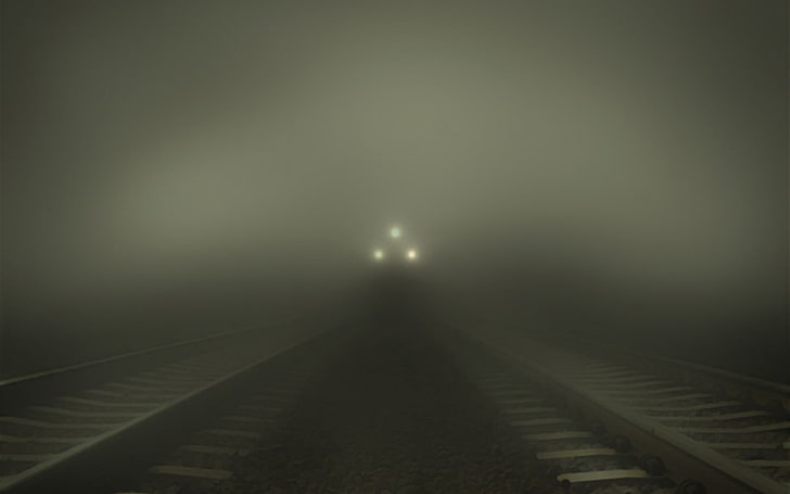 black train, mist, railway, the way forward, direction, illuminated, HD wallpaper