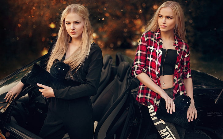 blonde, pierced navel, long hair, Alena Emelyanova, two women