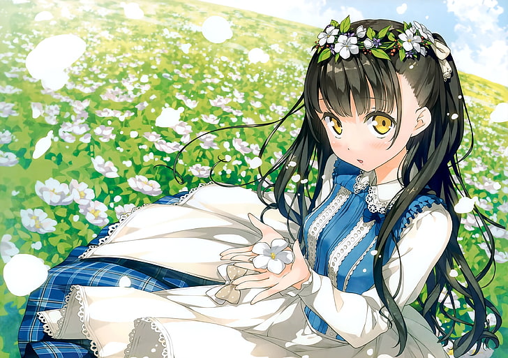 black haired girl holding flower, Nagisa (Kantoku), anime girls