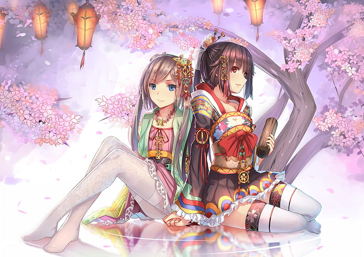 anime, original characters, Japanese clothes, cherry blossom, HD wallpaper
