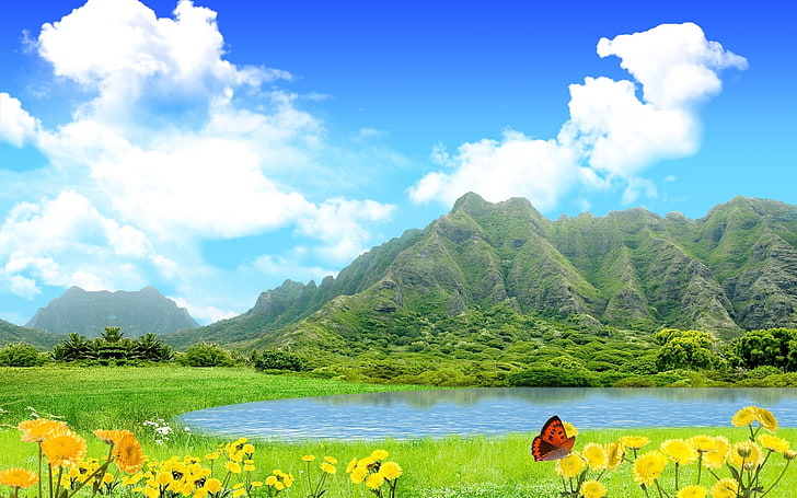 red butterfly, mountains, lake, sky, flowers, summer, nature, HD wallpaper