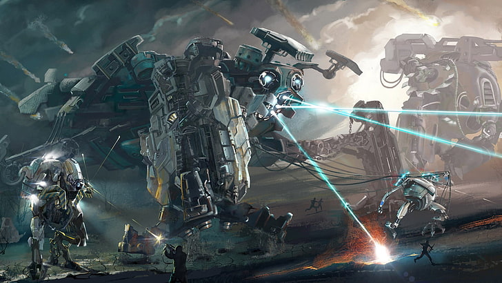 gray robot illustration, artwork, concept art, mech, war, science fiction