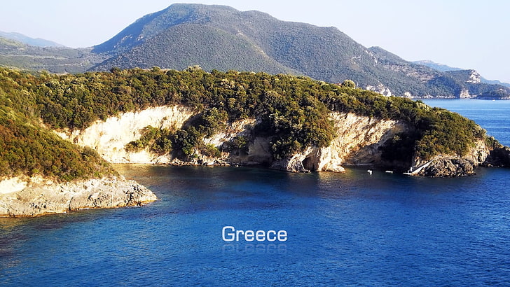 islet, Greece, sea, landscape, blue, nature, water, mountain, HD wallpaper