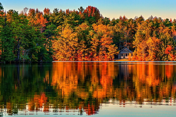 body of water, autumn, forest, trees, landscape, Villa, home