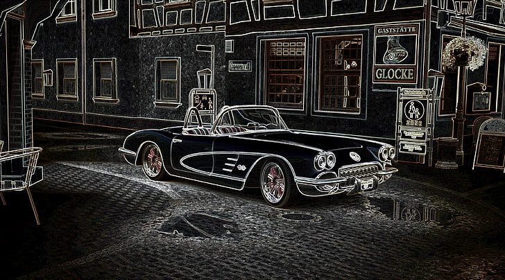 Ahrweiler  Straße 2, grayscale photo of Chevrolet Corvette C1 convertible coupe