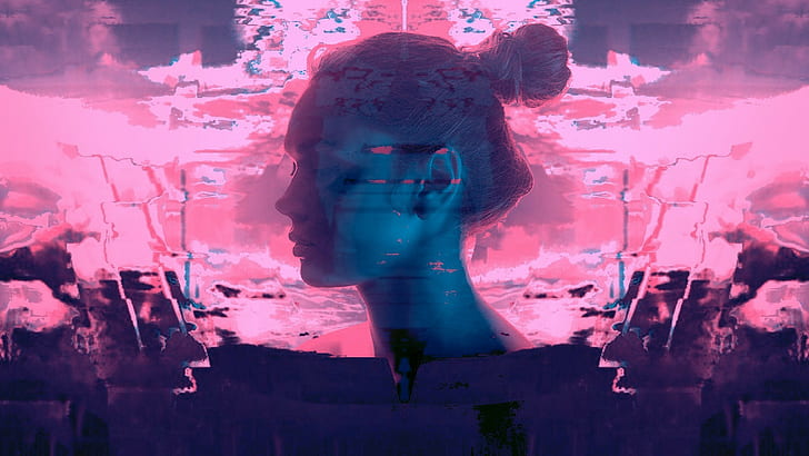 women hair bun closed eyes glitch art vaporwave, HD wallpaper