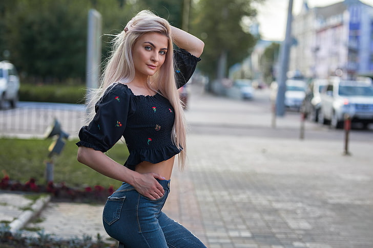 women, blonde, jeans, portrait, women outdoors, long hair, Dmitry Sn, HD wallpaper