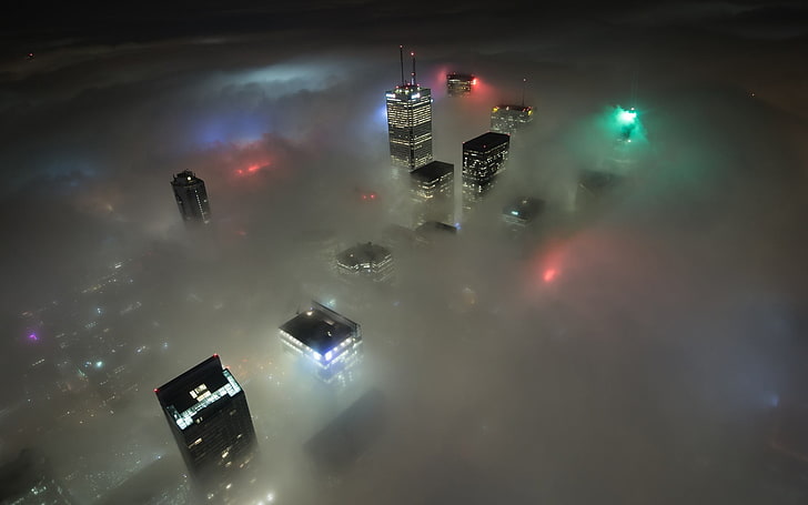 city, lights, skyline, mist, night, aerial view, Toronto, city lights, HD wallpaper
