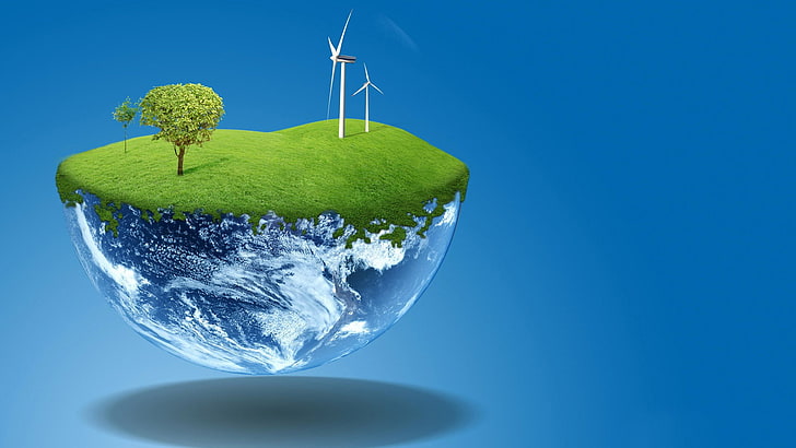 earth and windmill illustration, digital art, minimalism, green