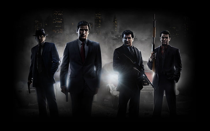 four men's black suit jackets, weapons, mafia2, Gaster, people