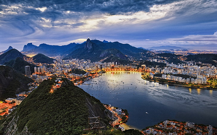 body of water, brazil, guanabara, bay, city, mountain, cityscape