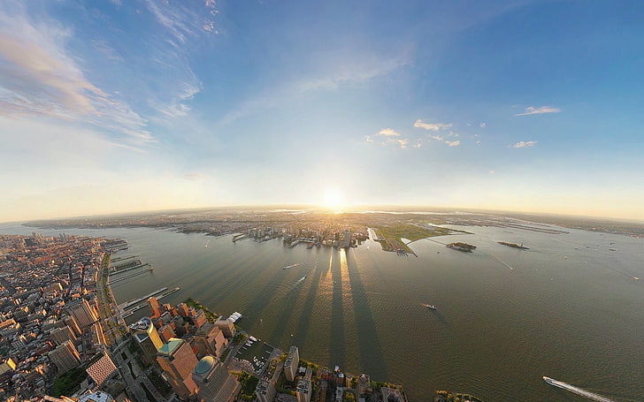 city, urban, aerial view, New York City, sunlight, boat, river