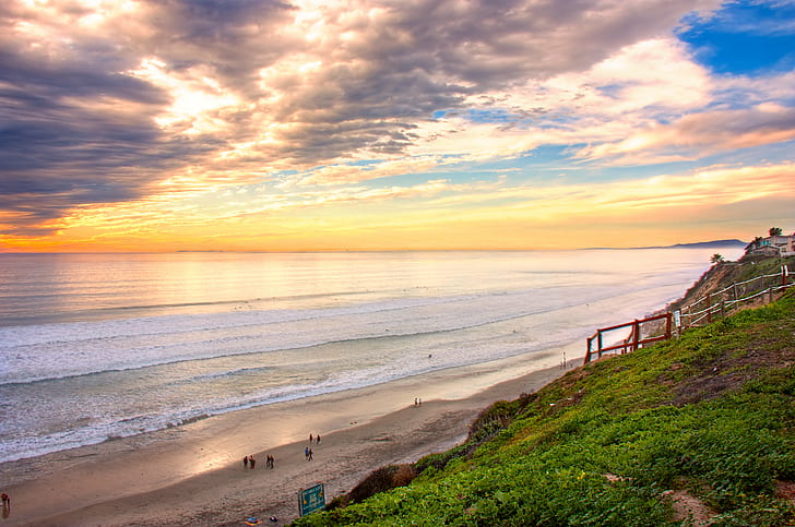 people standing on beach sand, Horizons, San Diego, Encinitas  California, HD wallpaper