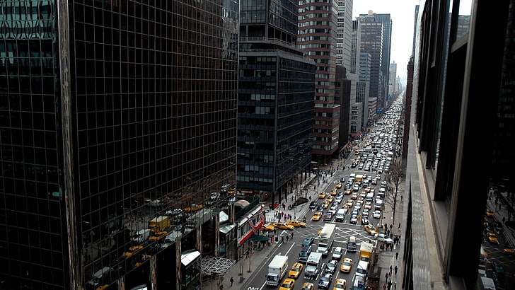 New York city, street, traffic, building, taxi, building exterior, HD wallpaper