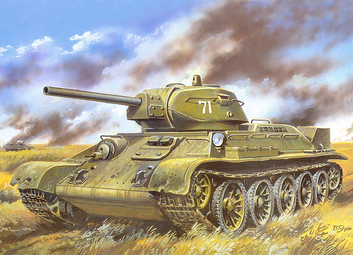 green battle tank illustration, field, smoke, figure, art, Soviet