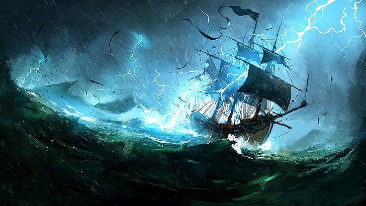 Hd Wallpaper Ship On Sea During Thunderstorm Animated Fantasy Art Flare - Animated Wallpaper Hd