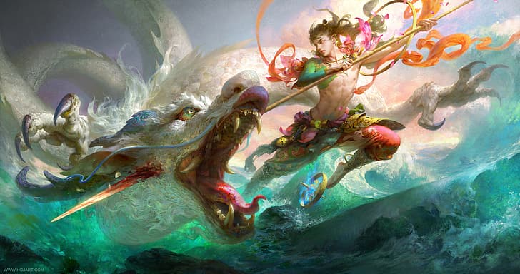 Nezha, dragon, ocean battle, HD wallpaper