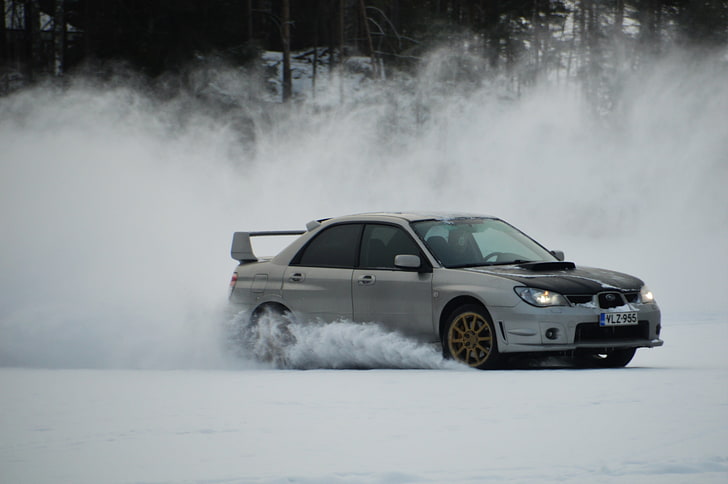 white 5-door hatchback, Subaru, snow, ice, lake, Finland, Japanese cars