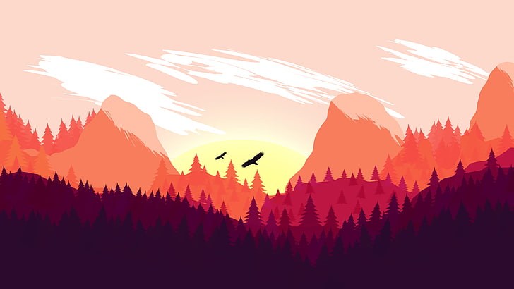 two silhouette of birds flying over the mountains illustration