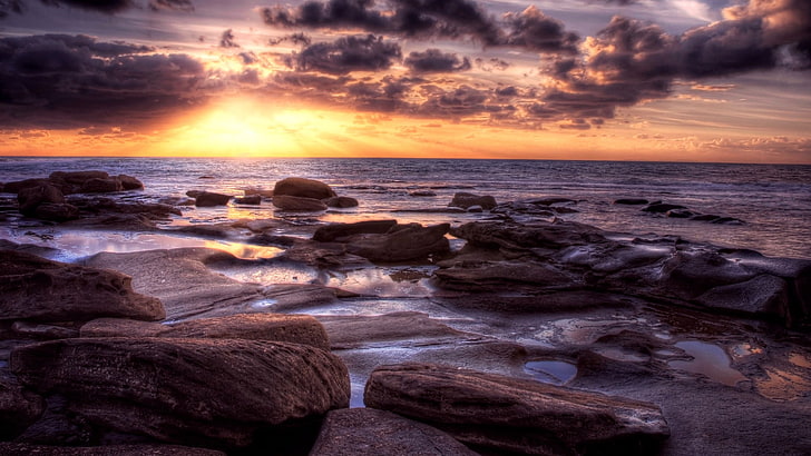 rocks in body of water, landscape, HDR, nature, sunset, clouds