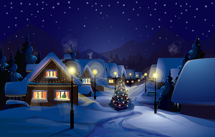 lighted town during night with Christmas tree in the middle of road clip art