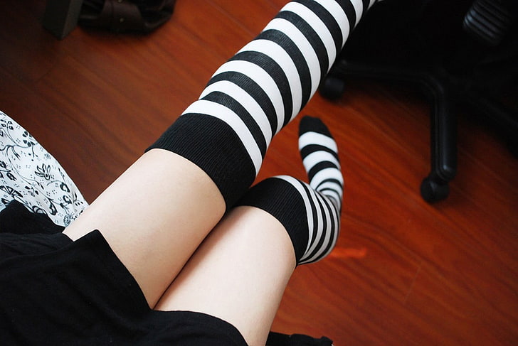 women, socks, knee-highs, legs, striped socks, low section