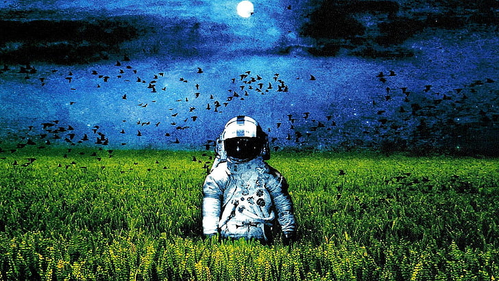 astronaut in middle of grass field painting, artwork, album covers, HD wallpaper