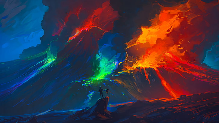 erupting volcano wallpaper, illustration of volcano, digital art, HD wallpaper