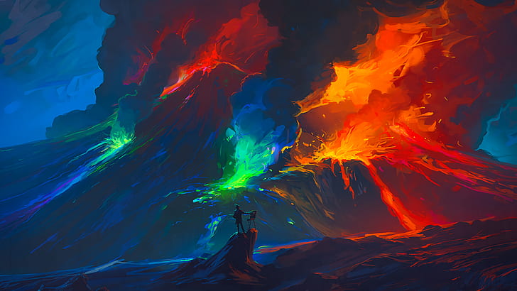lava, painting, digital art, colourfull, volcano, smoke, RHADS, HD wallpaper