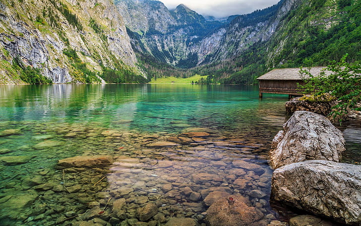 Obersee Alpine Lake Berchtesgaden Bavaria Germany Wooden House Rocky Clear Water Rocky Mountains With Pine Forest Landscape 2560×1600, HD wallpaper