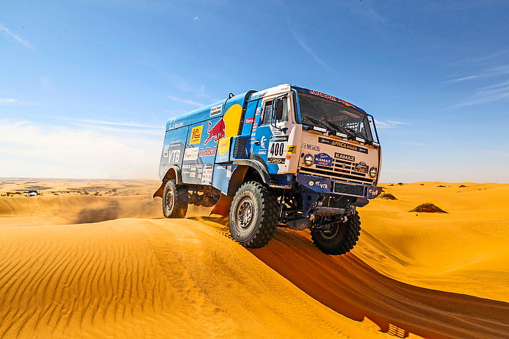 blue and white truck l, Sand, Sport, Day, Rally, Dakar, KAMAZ, HD wallpaper