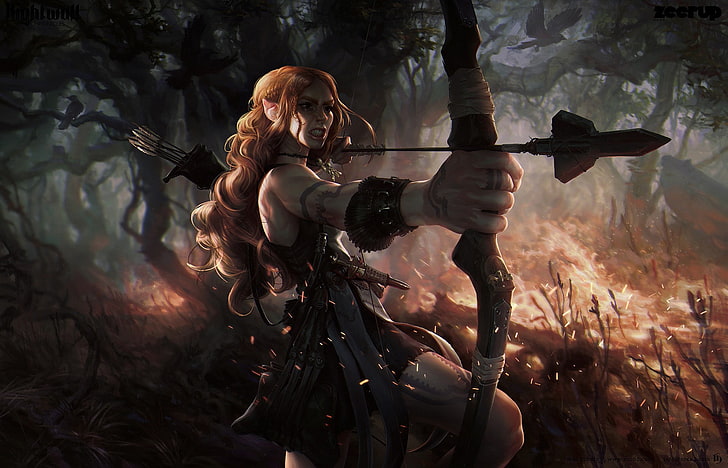 fantasy art, archer, nature, human representation, weapon, tree