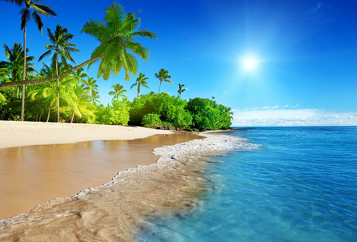 beach, blue, coast, emerald, paradise, sea, sky, sunshine, tropical, HD wallpaper