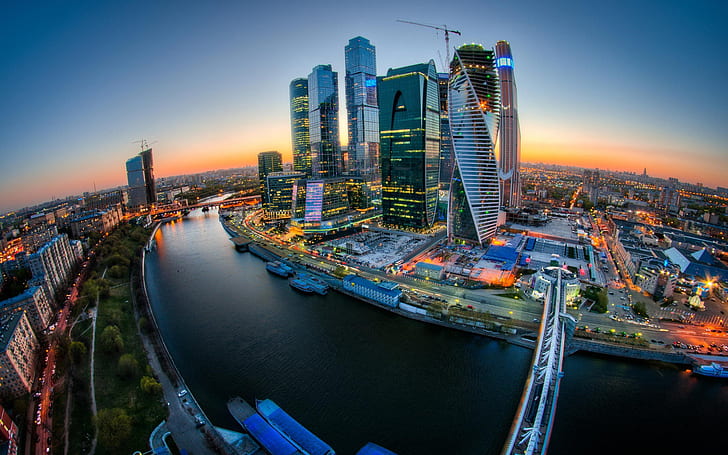 Moscow City, river, bridge, sunset, buildings, lights