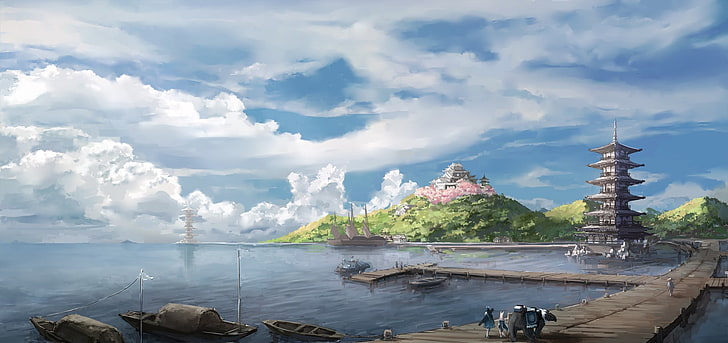 castle and body of water painting, anime, landscape, Asian architecture
