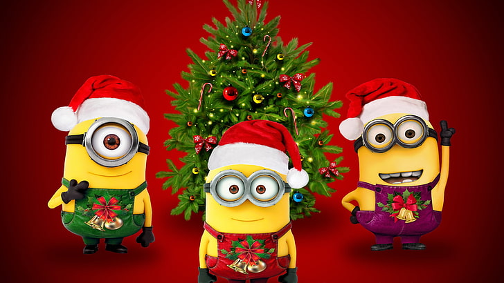 three Minion characters wallpaper, Christmas, minions, holiday, HD wallpaper
