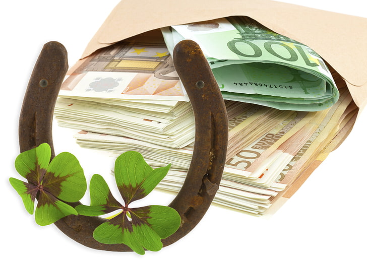 brown metal horse and two green clove leaves, horseshoe, money