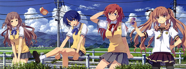 anime girls, school uniform, schoolgirl, group of women, field, HD wallpaper