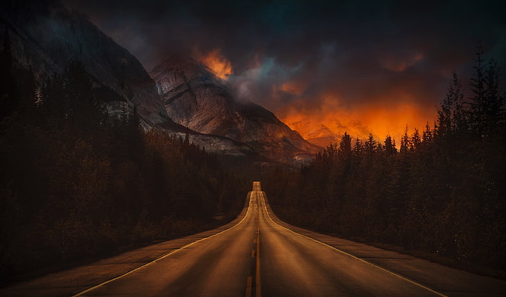 gray concrete road, nature, landscape, sunset, evening, mountains, HD wallpaper